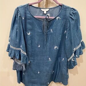 LC Lauren Conrad Denim Blue Blouse with Embroidery